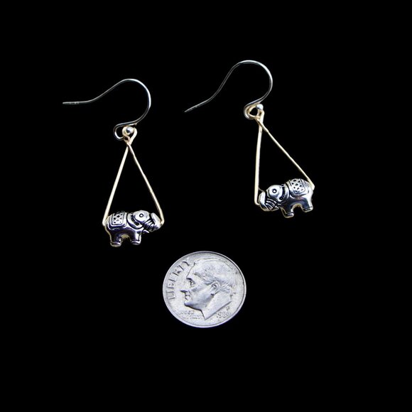 Silver Elephant Charm Earrings with Gold Accents & 925 Sterling Silver Wires - Picture 3 of 5